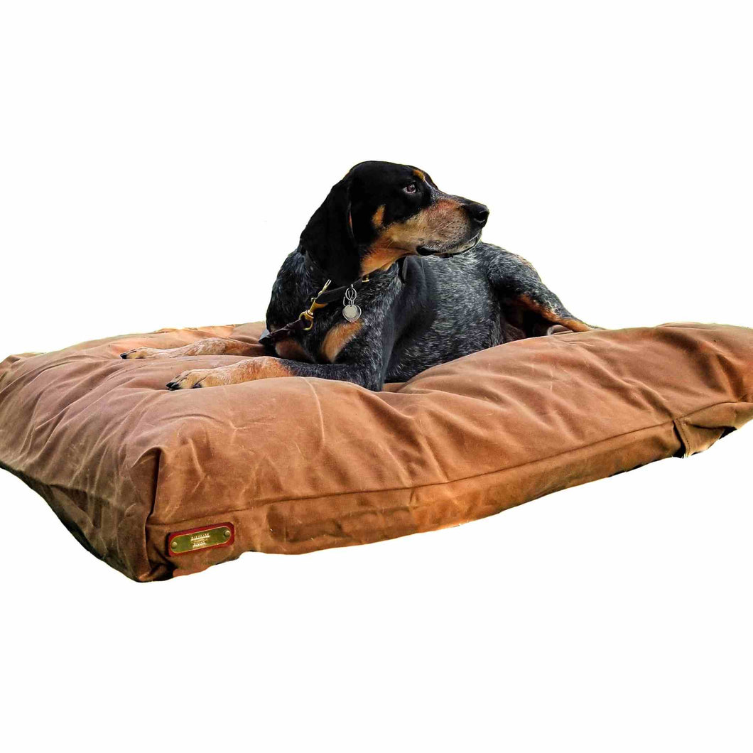 Bluetick Hound on a brown fireside hound waxed canvas medium dog bed on a white background