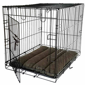 Dog kennel with a green dog crate bed inside on a white background.