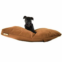 Load image into Gallery viewer, Black Labrador on a yellow large dog bed on a white background.
