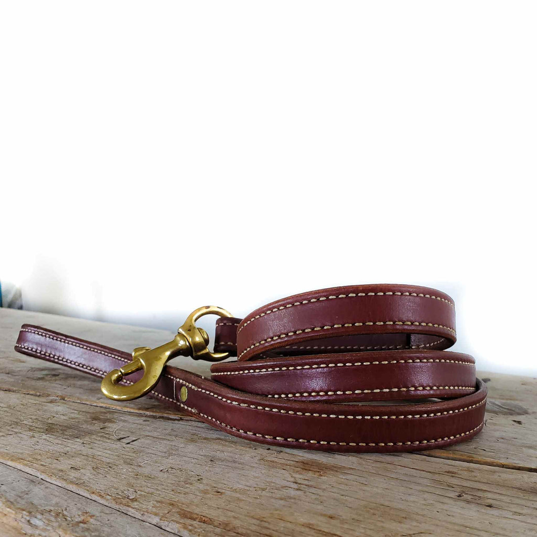stitched leather dog leash on a white background